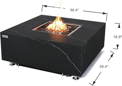 Elementi+ | Bianco Gas Fire Pit | Marble Porcelain & Metal Frame | 40" Square Fire Table | Electronic Ignition | Canvas Cover, Fire Glass & Burner Lid Included | White | Propane Gas