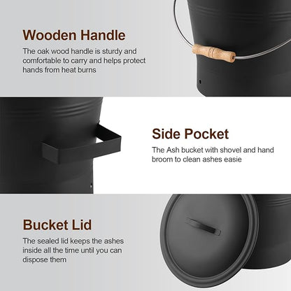 Ash Bucket with Lid, Shovel and Hand Broom, 2.6 Gallon Fireplace Metal Bucket Reinforced Base & Ash Can, Fire Pit,Wood Burning Stove for Fireplace, (Ash Bucket-2.6Gallon)