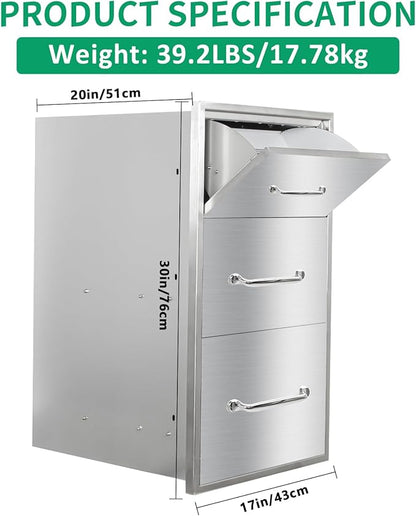 Outdoor Kitchen Drawers 17" W x 30" H x 20" D Stainless Steel Paper Towel Drawers with Ergonomic Handle for BBQ Island, Patio Grill Station & Outdoor Kitchen Cabinets