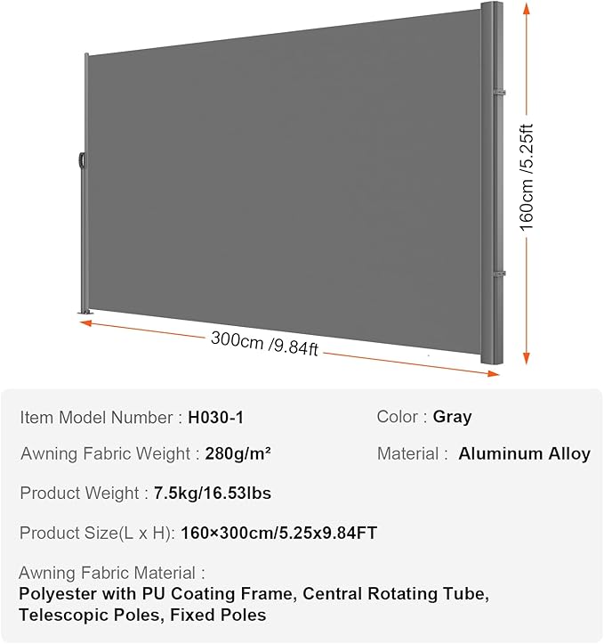 VEVOR Retractable Side Awning, UV 50 63''x 118'' Full Aluminum Rust-Proof Outdoor Privacy Screen, 280 g Thicken Folding Room Divider Wind Screen, for Patio Sun Shade, Backyard, Balcony, Gray