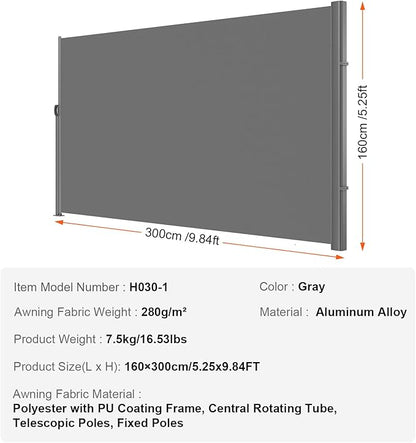VEVOR Retractable Side Awning, UV 50 63''x 118'' Full Aluminum Rust-Proof Outdoor Privacy Screen, 280 g Thicken Folding Room Divider Wind Screen, for Patio Sun Shade, Backyard, Balcony, Gray