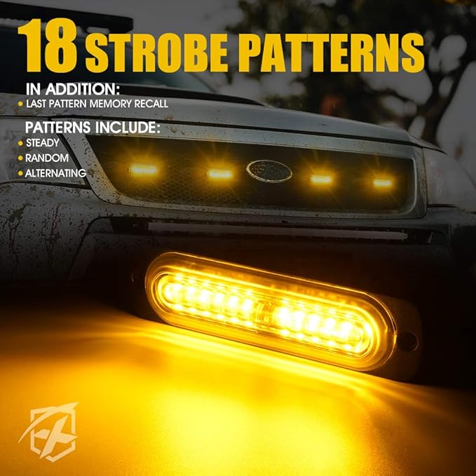Xprite 8PCS LED Emergency Strobe Lights, Amber 12-LED Surface Mount Flashing Strobe Lights, Sync Feature Ultra Slim Grill Light for Off-Road Vehicles ATV SUV Trucks Cars