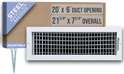 Fits 20x6 Duct Opening Steel Adjustable Air Supply Grille by Handua | Register Vent Cover Grill for Sidewall and Ceiling | White | Outer Dimensions: 21.75" X 7.75"
