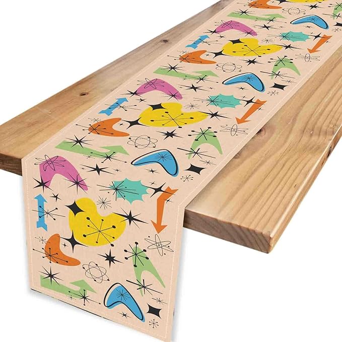 Mid Century Table Runner, Retro 1950s Atomic Minimalist Modern Abstract Geometric Colorful Coffee Table Center Decor for Home Kitchen Dining Patio Holiday Party Table Decorations, 13"x108" Inch