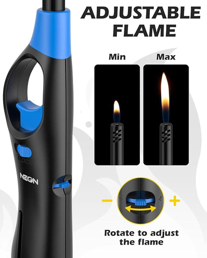 NEON Lighter, Refillable Butane Candle Lighter, 12 Pack Multi-Purpose Reusable Lighters with Long Metal Wand and Adjustable Soft Flame for BBQ, Grill, Stove, Camping, Hiking, Fireplaces, Kitchen