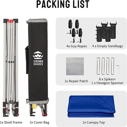 CROWN SHADES 8x8 Pop Up Canopy, Patented Center Lock One Push Instant Popup Outdoor Canopy Tent, Newly Designed Storage Bag, 8 Stakes, 4 Ropes, Silver-Coated Navy Blue