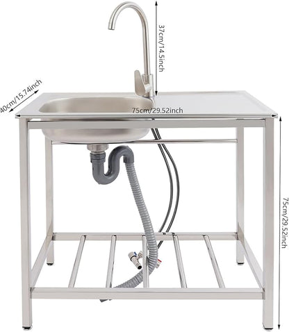 Outdoor Utility Sink, Freestanding Kitchen Sink with Faucet, Utility Sink Freestanding Single Bowl Portable Washing Hand Basin Station with 2 Tier Storage Shelves for Backyard (29.52x 15.74x 29.52in)