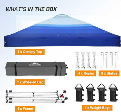 EAGLE PEAK Pop Up Canopy Tent with Wheeled Carry Bag, 8 Stakes, 4 Ropes, 4 Weight Bags, Easy Set Up Tent Canopy, 10x10 ft, 100sqft of Shade, Blue Fade Stripe