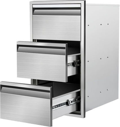 Outdoor Kitchen Drawers 14" W x 25.4" H x 21" D Stainless Steel Triple Drawers with Hidden Handle for BBQ Island, Patio Grill Station & Outdoor Kitchen Cabinets