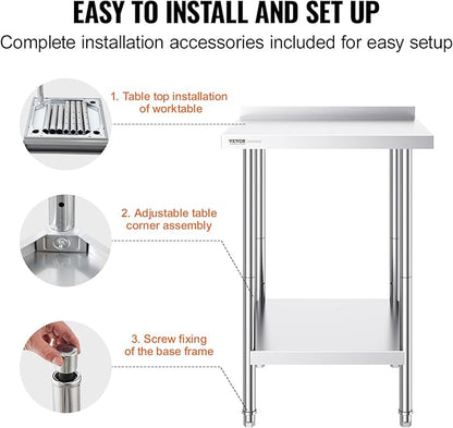 VEVOR 24 x 24 x 36 Inch Stainless Steel Work Table, Commercial Food Prep Worktable Heavy Duty Prep Worktable, Metal Work Table with Adjustable Height for Restaurant, Home and Hotel