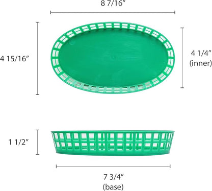 TrueCraftware- 7-7/8" Plastic Oval Fast Food Basket Green Set of 12- Fry Fast Food Baskets Oval -Shaped Tray for Fast Food Restaurant Supplies Deli Serving Chicken Burgers Sandwiches & Fries