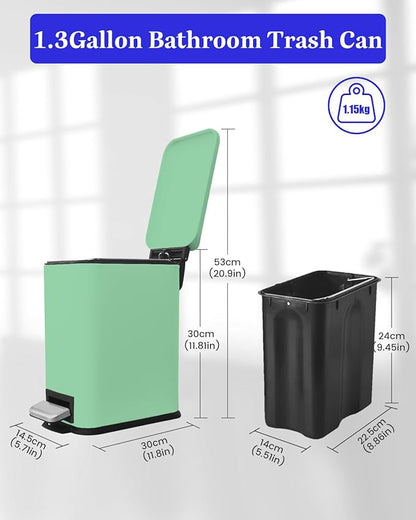Bathroom Trash Can, 1.3 Gallon Small Trash Can with lid, Stainless Steel Garbage Can Soft Close Lid, Removable Liner Bucket, Step Pedal Waste Bin for Bathroom, Office, RV, Bedroom, Green