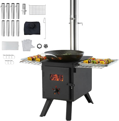 VEVOR Camping Wood Stove Alloy Steel Camping Tent Stove, Portable Wood Burning Stove with Chimney Pipes & Gloves, 1400in³Firebox Hot Tent Stove for Outdoor Cooking and Heating with 8 Pipes