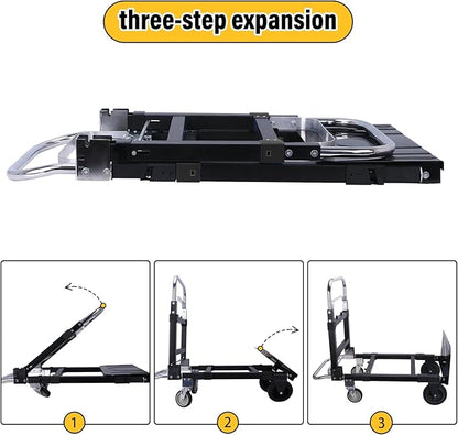 Upgraded 3 in 1 Folding Hand Truck, 600lbs Capacity, Heavy Duty Convertible Dolly with Retractable Handle and 4 Rubber Wheels, Collapsible Cart for Moving Home, Office, Warehouse (Black)