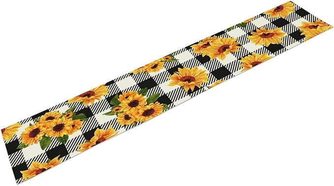 Yellow Sunflower Table Runner, Vintage Farmhouse Black White Sunshine Sunflowers Print for Autumn Farmhouse Home Kitchen Table Decoration,13x60inch
