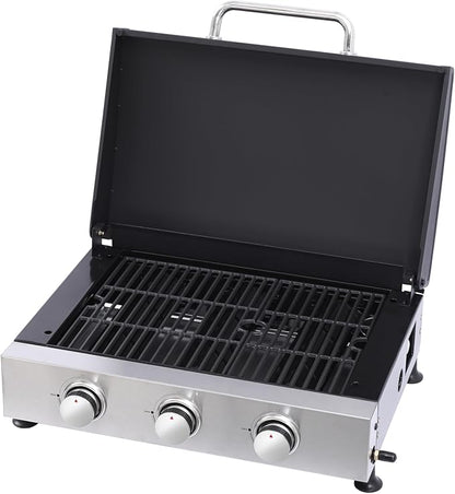 26,550 BTU Propane Gas Grill with Thermometer, 100-800°F Temp Control, Foldable Side Table, 2 Wheels for Mobility, 430 Stainless Steel Fire Box & Warming Rack, Include Hanging Basket & Tool Hooks