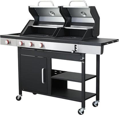 Gas and Charcoal Combo Grill, 37230 BTU 2-in-1 Outdoor BBQ, Dual Zone Cooking with Thermometer, Locking Wheels & Foldable Side Table for Patio and Garden Use(3+1 Burner + Charcoal grill)