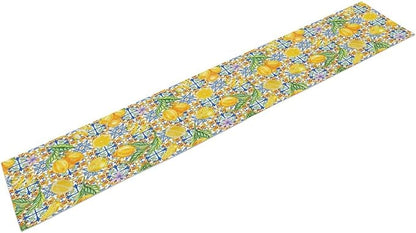 Lemon Tiles Table Runner, Blue Yellow Kitchen Summer Flower Table Runner for Home Kitchen Indoor Outdoor Patio Party 13x108in