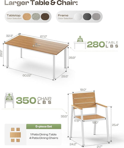 Patio Table and Chairs Set, 5 Piece Outdoor Dining Set with Umbrella Hole, HDPS + Aluminum Patio Furniture Set for Garden (White & Teak)