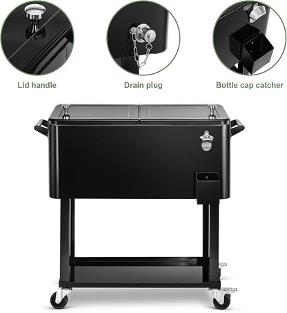 EDOSTORY 80 Quart Rolling Ice Chest Cooler Cart,Patio Backyard Party Drink Beverage Bar Stand Up Cooler Trolley with Ice Scoop