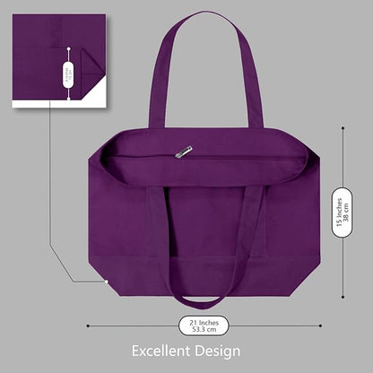 TOPDesign 3-Pack Canvas Tote Bags with an External Pocket, Reusable Grocery Shopping Bags, Top Zipper Closure, Daily Essentials (Purple)