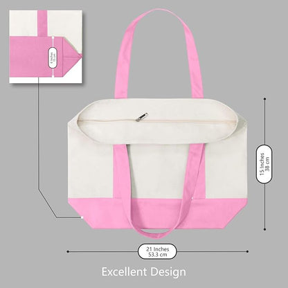 TOPDesign 6-Pack Canvas Tote Bags with an External Pocket, Reusable Grocery Shopping Bags, Top Zipper Closure, Daily Essentials (Pink/Natural)