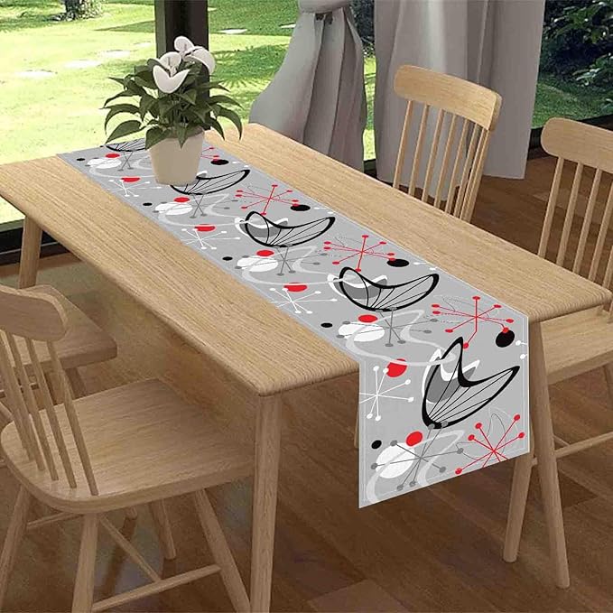 Mid Century Table Runner, Retro 1950s Atomic Minimalist Modern Abstract Geometric Gray Coffee Table Center Decor for Home Kitchen Dining Patio Holiday Party Table Decorations, 13"x72" Inch
