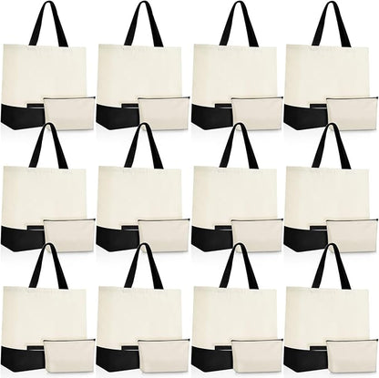 Sanwuta 24 Pcs Canvas Tote Bags Bulk with Zipper Cosmetic Bags 18.5" Cotton Canvas Bag with Handles Reusable Shopping Bags