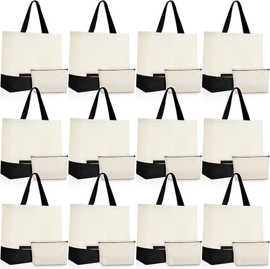 Sanwuta 24 Pcs Canvas Tote Bags Bulk with Zipper Cosmetic Bags 18.5" Cotton Canvas Bag with Handles Reusable Shopping Bags