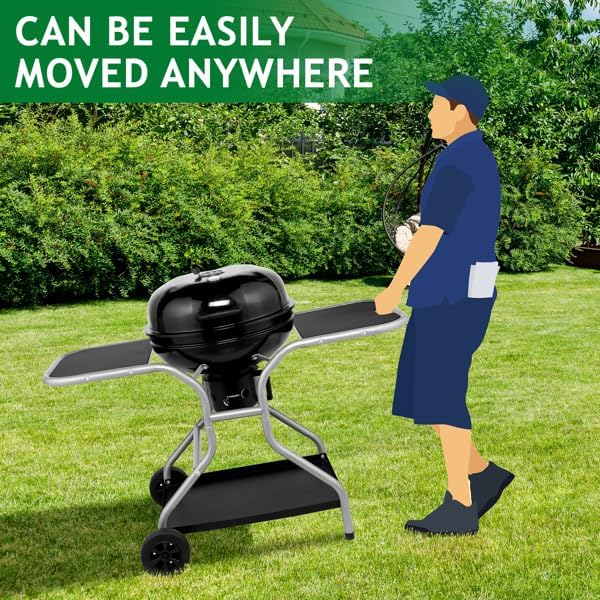 Kettle Charcoal Grill with 2 Side Tables & Storage Shelf, Outdoor BBQ Grill - Image 2