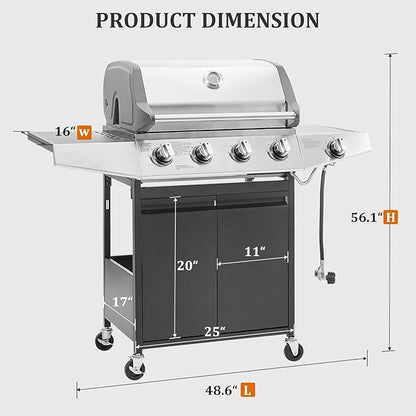 Unovivy 4-Burner Propane Gas BBQ Grill with Side Burner & Porcelain-Enameled Cast Iron Grates Built-in Thermometer, 49,000 BTU Outdoor Cooking, Patio, Garden Barbecue Grill, Black and Silver