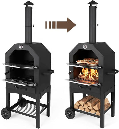 Outdoor Wood Fired Pizza Oven with Firewood Storage, Side Shelves, Cordierite Pizza Stone & Peel, 2 Cooking Grills, Thermometer, Portable Patio Pizza Maker for Backyard Parties and Camping
