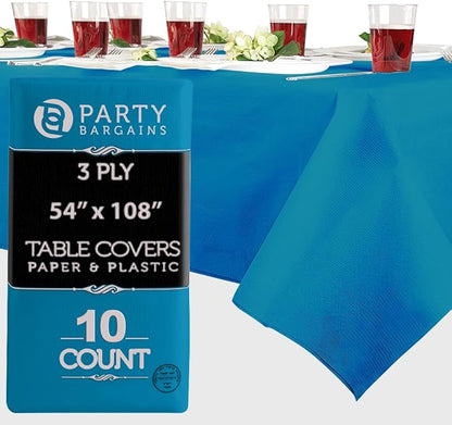 PARTY BARGAINS 54" X 108" Paper & Plastic Table Covers, Blue, 10 Pack