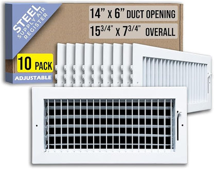 [10 Pack] Fits 14x6 Duct Opening Steel Adjustable Air Supply Grille by Handua | Register Vent Cover Grill for Sidewall and Ceiling | White | Out. Dim.: 15.75" X 7.75"