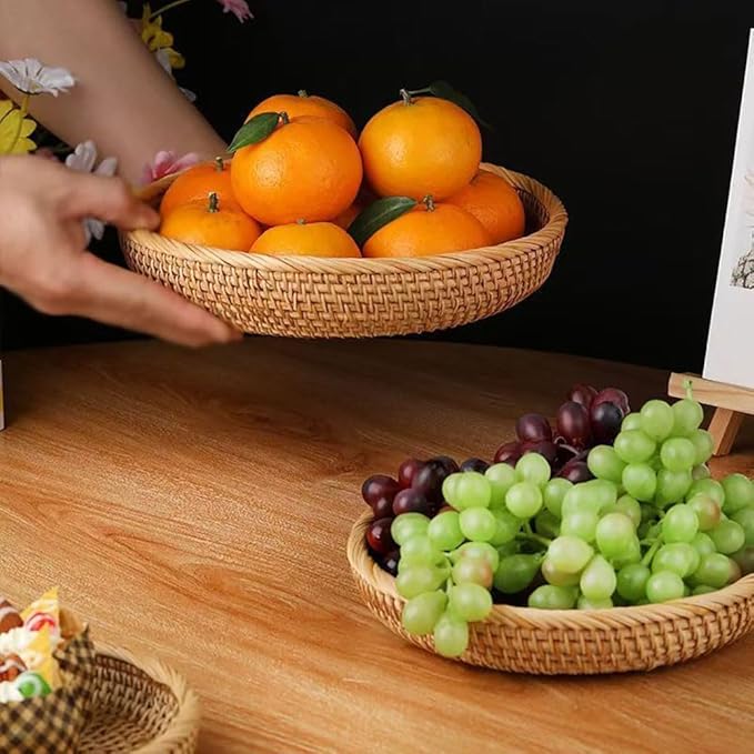 RT&BS Round Rattan Tray, Natural Rattan Decorative Tray, Christmas Food Tray, Handwoven Serving Baskets for Breakfast, Drinks, Snacks (L, Ø9.8 x 2'')