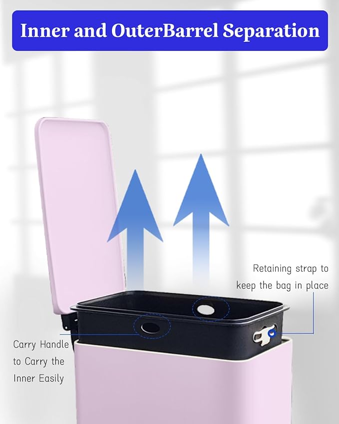 Rubbish Bin with Lid, 10 L, Stainless Steel Bathroom Waste Bin, Small Waste Bin, Pedal Bin, Stainless Steel for Bathroom, Bedroom and Office, Pink