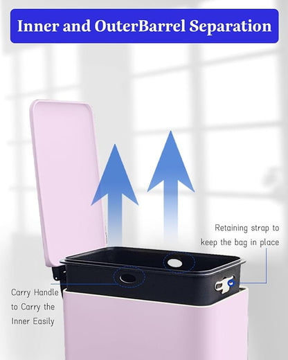 Rubbish Bin with Lid, 10 L, Stainless Steel Bathroom Waste Bin, Small Waste Bin, Pedal Bin, Stainless Steel for Bathroom, Bedroom and Office, Pink