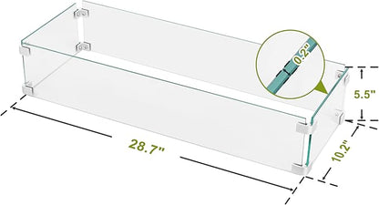 Nuu Garden Tempered Glass Wind Guard for Rectangular Propane Fire Pit Table 29 x 10 x 6 Inch, Durable Flame Guard Shield with Aluminum Alloy Corner Brackets for Outdoor Patio Gas Fire Table