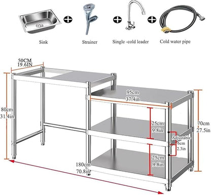 Free Standing Utility Sink, Stainless Steel Kitchen Baker Rack Shelf, Single Bowl Washing Hand Basin Station with Workbench, Fish Cleaning Table &Storage Shelves for Laundry Room, Garage,Outdoor