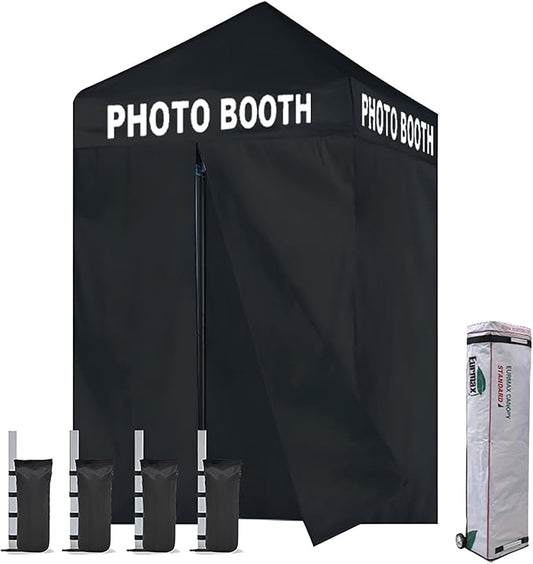 Eurmax USA 5'x5' Pop-up Canopy Portable Photo Booth Tent for Events Wedding Photobooth for Professional Photos Photo Studio Photo Booth System with Roller Bag，Bonus 4 SandBags (Printed Black)
