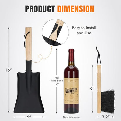INNO STAGE Ash Shovel and Brush Set - Fireplace Tools Set Hearth Indoor Outdoor Modern Firepit Coal Shovel and Brush Kit Cleaning Tool Rust Resistant (6 * 16inch)
