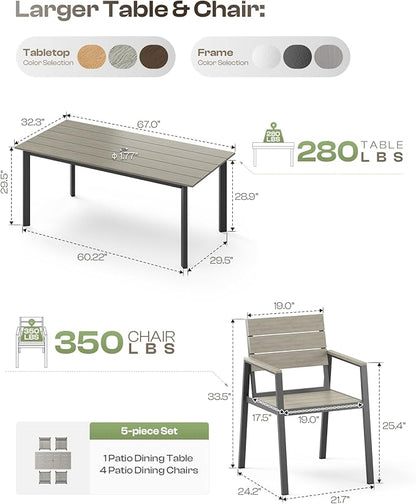 67"*32.3"*29.5" Patio Dining Table, Seamless Rectangle Aluminum + HDPS Outdoor Patio Dining Table with Umbrella Hole, Weather-Resistant for Lawn, Garden, Yard and Indoor Use (Gray)