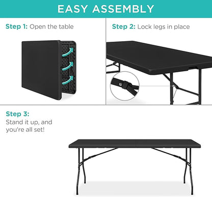 Best Choice Products 6ft Plastic Folding Table, Indoor Outdoor Heavy Duty Portable w/Handle, Lock for Picnic, Party, Camping - Black