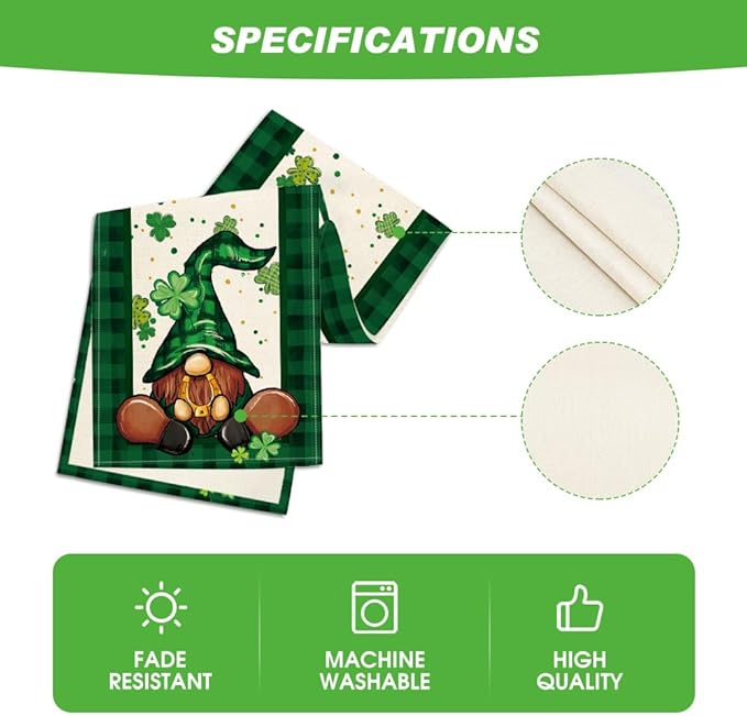 Artoid Mode Shamrock Buffalo Plaid Gnomes Lucky St. Patrick's Day Table Runner, Kitchen Dining Table Decor for Outdoor Home Party Decor 13 x 60 Inch