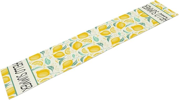 Spring Yellow Lemon Table Runner, Hello Summer Seasonal Exotic Fresh Fruits Plants Branch Leaves Print Table Cover for Farmhouse Kitchen Table Party Decor, 13x70inch