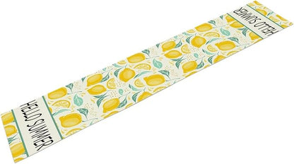 Spring Yellow Lemon Table Runner, Hello Summer Seasonal Exotic Fresh Fruits Plants Branch Leaves Print Table Cover for Farmhouse Kitchen Table Party Decor, 13x36inch