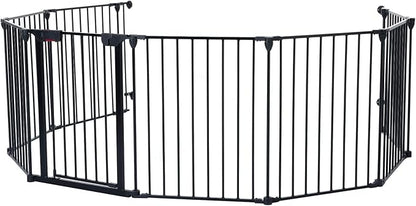8-Panel Configurable Metal Safety Gate Play Yard - 200" Adjustable Pet Fence with Walk-Through Door for Stairs, Fireplace, Christmas Tree - Indoor Foldable Child Barrier, Black
