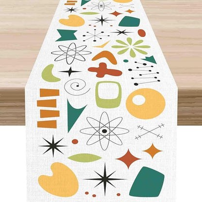 Mid Century Table Runner, Retro 1950s Atomic Pattern Modern Abstract Geometric Coffee Table Center Decor for Home Kitchen Dining Patio Holiday Party Indoor Outdoor Table Decorations, 13"x90" Inch