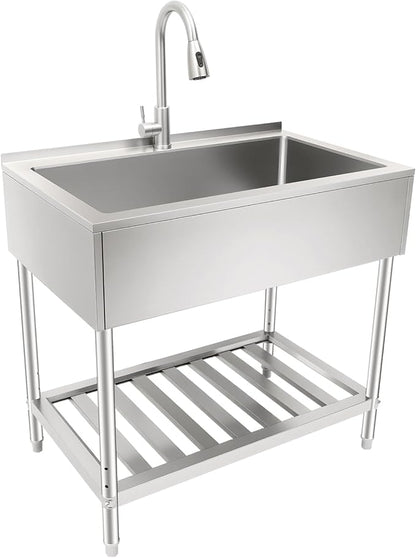 Stainless Steel Laundry Sink with Large Wash Stand, Free Standing Single Bowl Kitchen Sink with Pull Faucet, Utility Sink for Laundry Room Bathroom Farmhouse (36x22x34in)