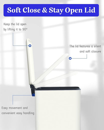 Kitchen Rubbish Bin, 30 L, Narrow Pedal Bin with Lid, Stainless Steel Kitchen Rubbish Bin with Inner Bucket, Rectangular Waste Bin for Kitchen, Bathroom, Bedroom, Office, White